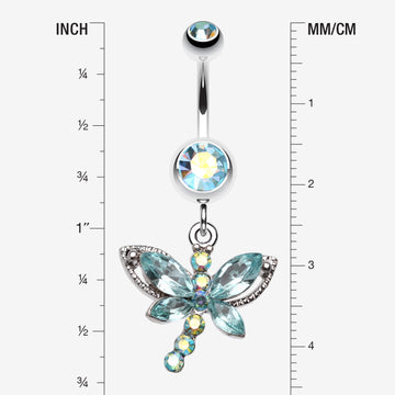 Detail View 1 of Dragonfly Glam Belly Ring-Aqua/Aurora Borealis